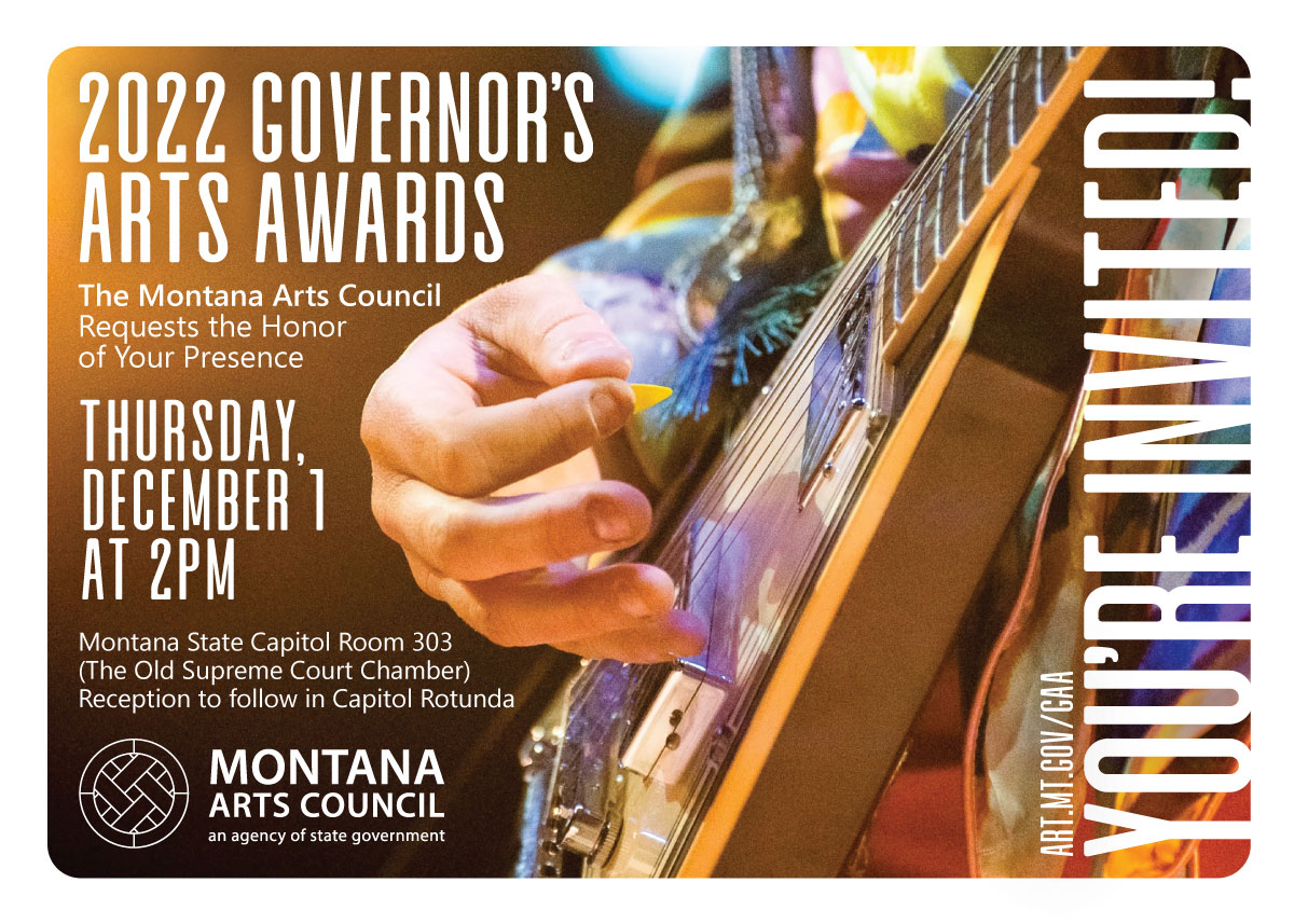 Closeup of electric guitar being played, surrounded by info on Governor's Arts Awards