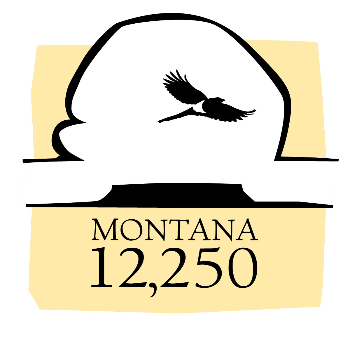Montana 12,250 logo with simplified drawing of flat-topped butte, cloud and magpie in flight